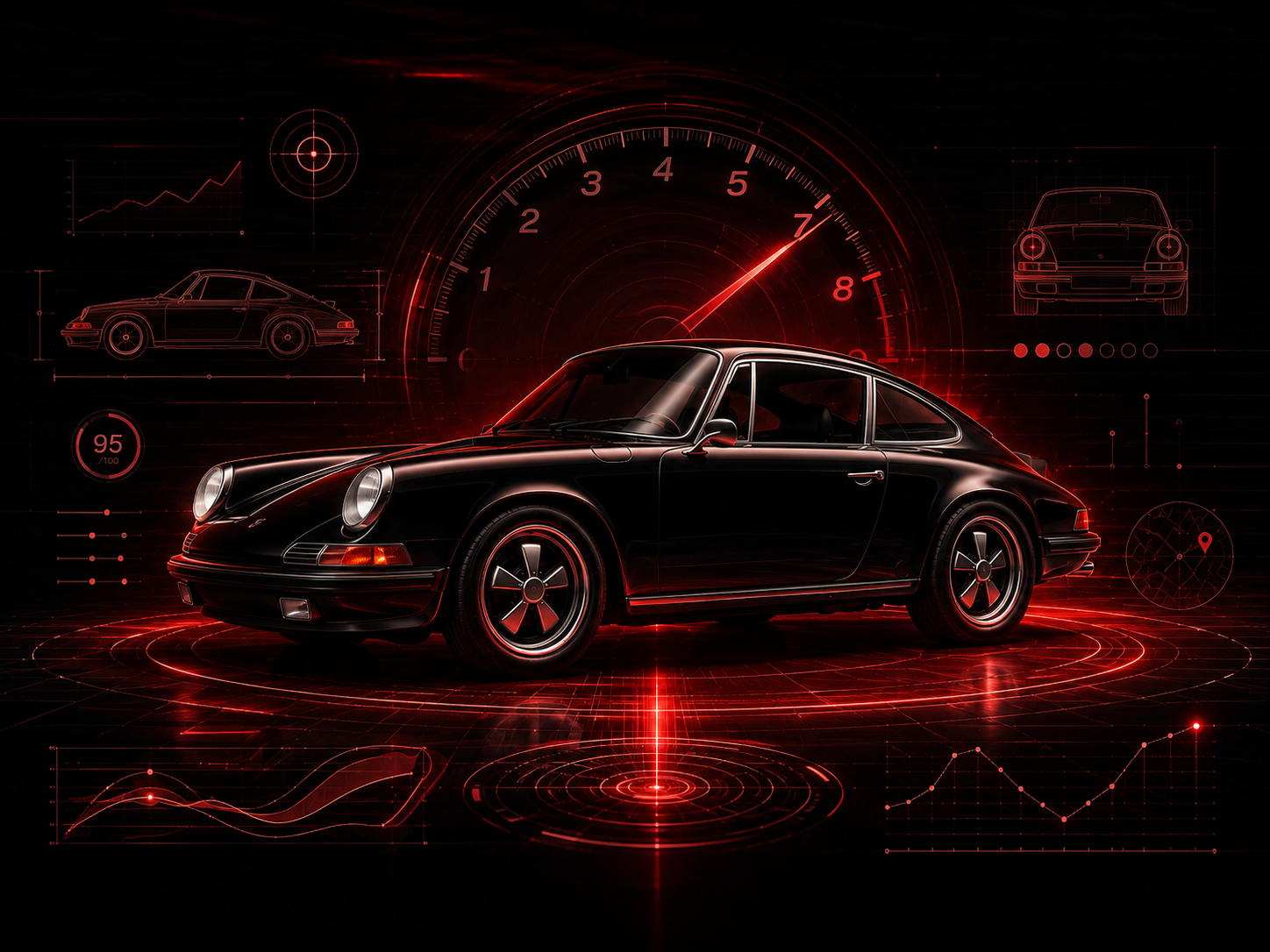 Classic Porsche 911 silhouetted against a red-lit tachometer