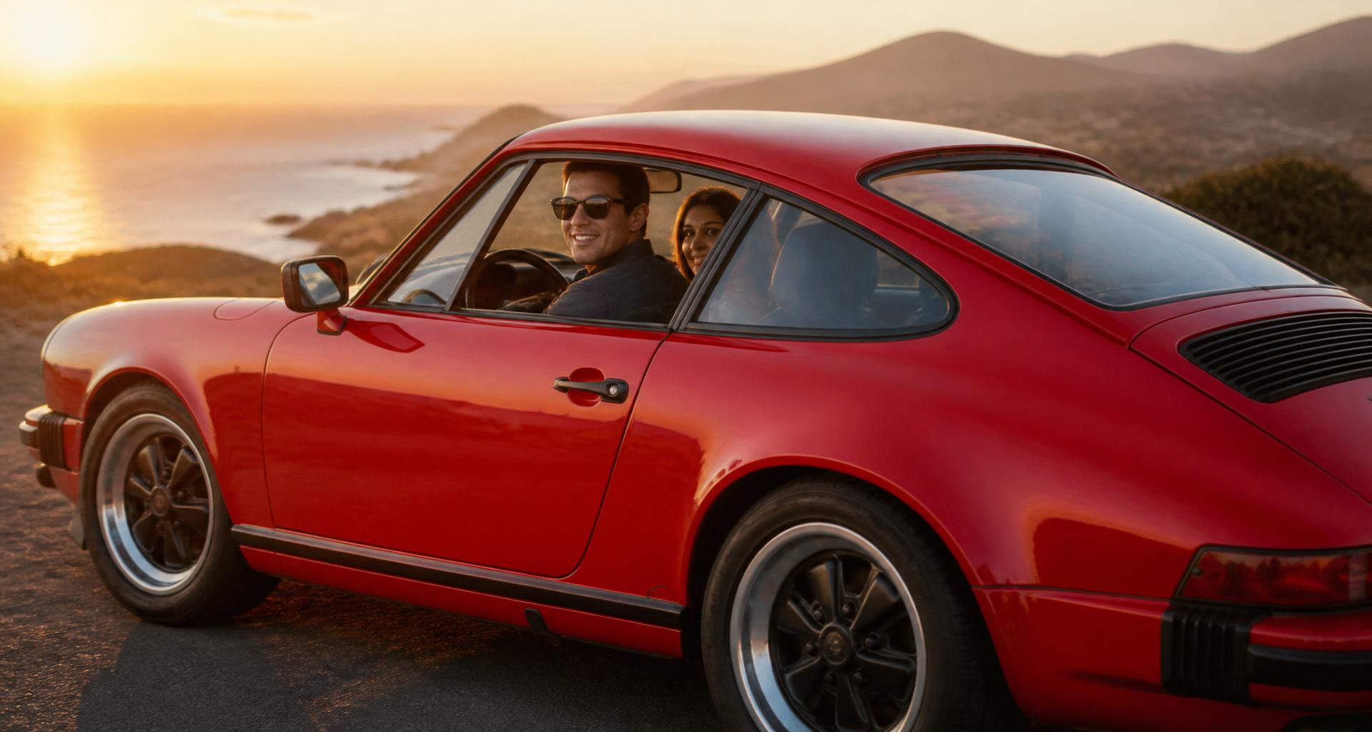 AI-generated sample: a man in the driver's seat and a woman in the passenger seat of a Guards Red Porsche 911 at sunset by the coast